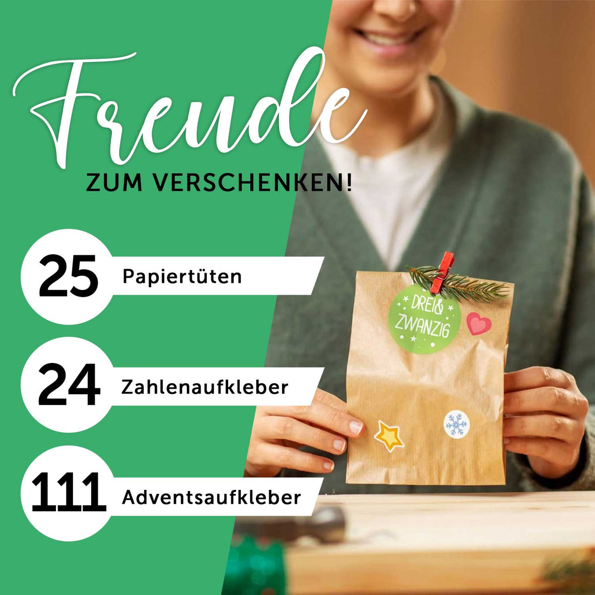 DIY-adventskalender met 25 kraftpapieren zakjes – 110 stickers