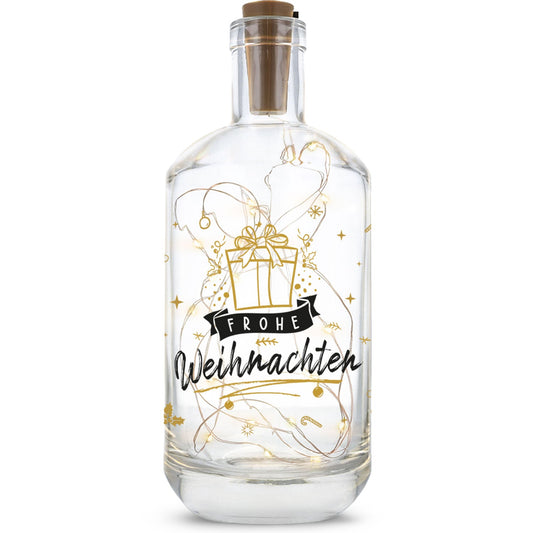 LED-Flaschenlicht „Goldenes Geschenk“ – Produktansicht mit goldenem Weihnachtsmotiv