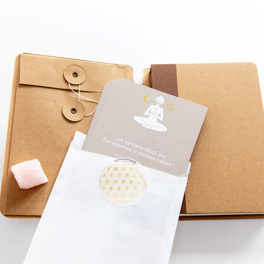 Affirmationskarten Set mit Bullet Journal und Rosenquarz