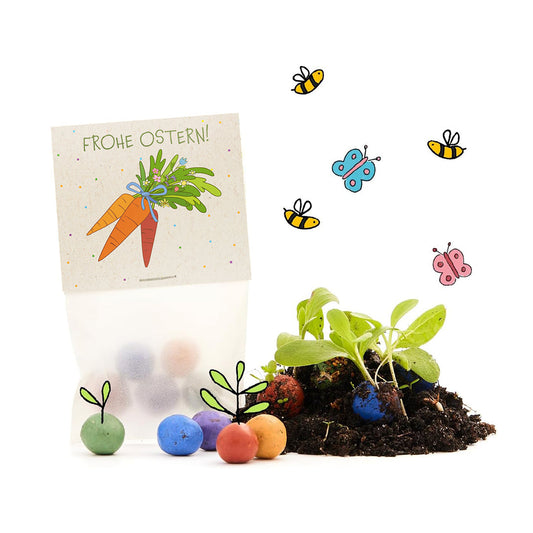 10 Oster-Tütchen „Frohe Ostern“ mit 50 Saatkugeln – Verpackung und Produkt im Freisteller