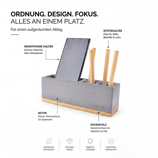 Bannik Design Sandvika – Schreibtisch-Organizer aus Beton und Eichenholz, Produktansicht 2