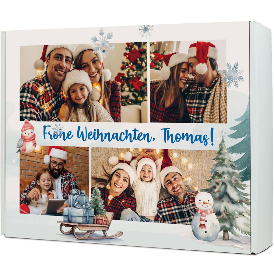 Personalisierte Geschenkbox mit vier Fotos als Beispiel für eine persönliche Geschenkverpackung