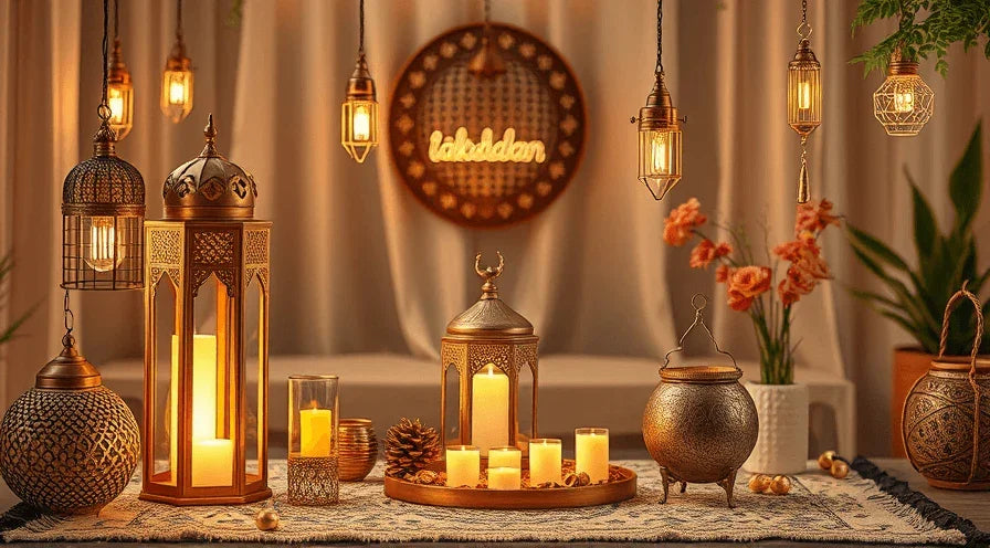 Ruhige Ramadan-Dekoration mit Laternen, Mondmotiv und gedecktem Tisch