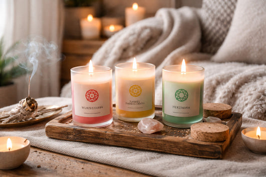 Chakra candles arranged as a visual focus for meditation and journaling