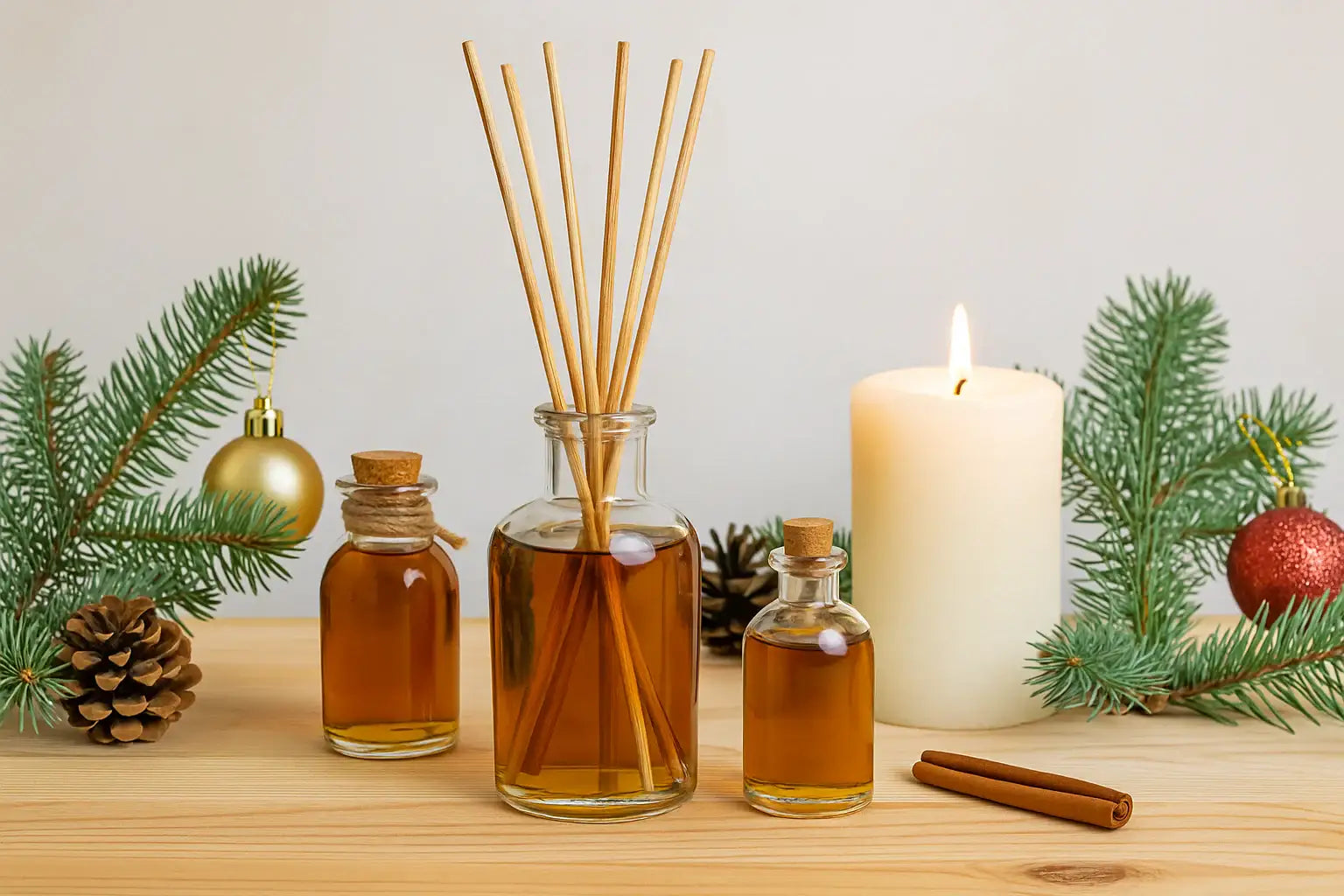 Weihnachtliche Duftszene mit Orange, Gewürzen, Kerze und Tannengrün