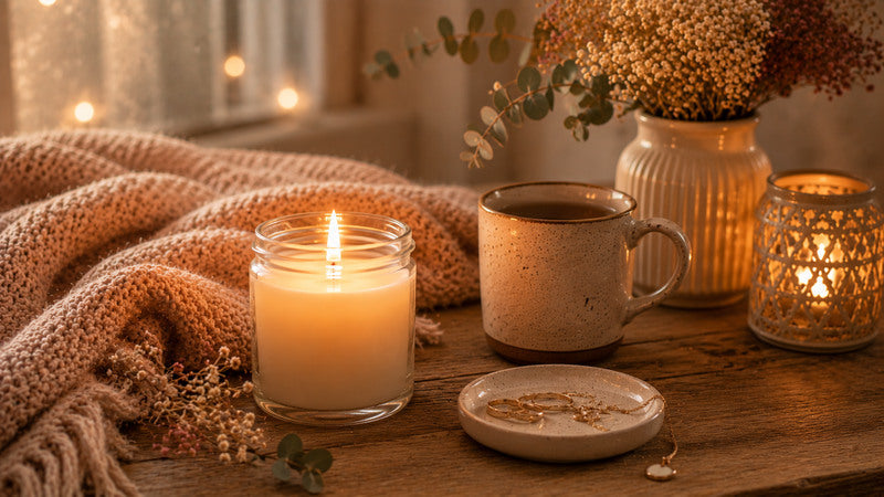Kerze im Glas und Windlicht neben einer Tasse und einer Decke