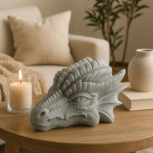 Handgemaakte drakenkop-sculptuur als fantasydecoratie