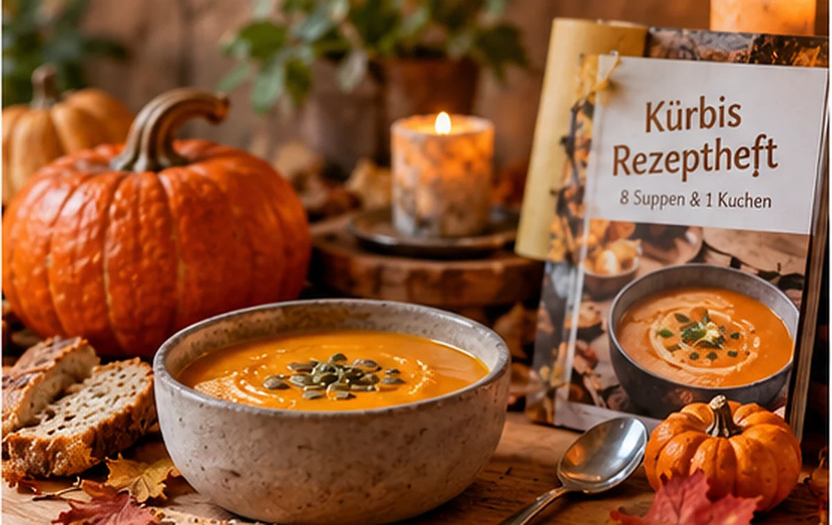 Kürbissuppe, herbstlicher Kürbis und illustriertes Rezeptheft – HEs Halloween-Geschenkidee