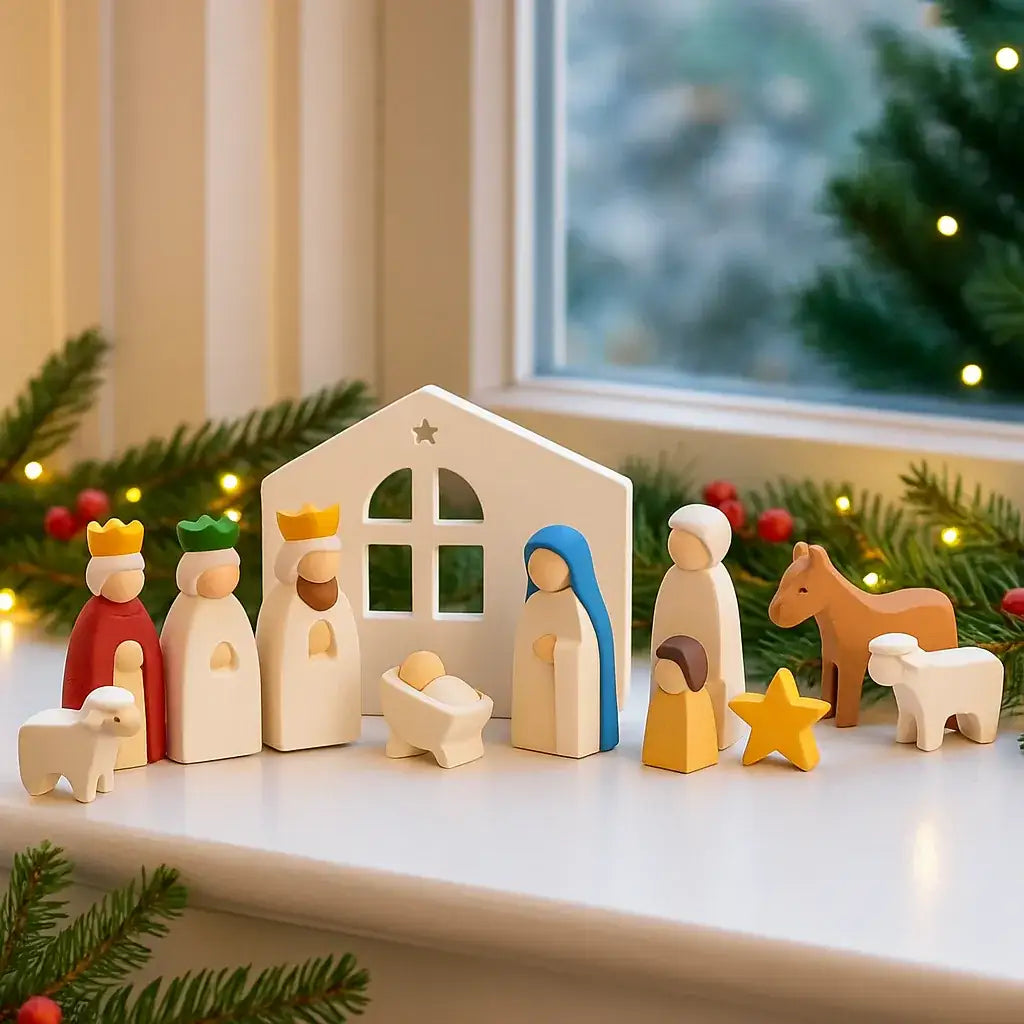 Kleine moderne Weihnachtskrippe aus schlichten handgemachten Figuren