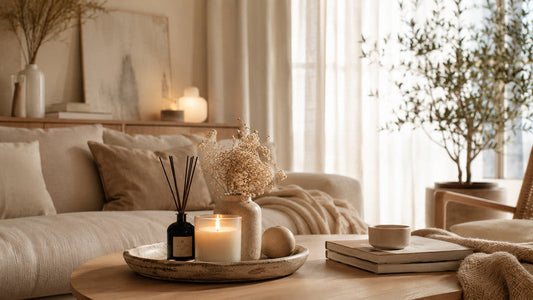 Nordic evening interior with warm light and natural textures