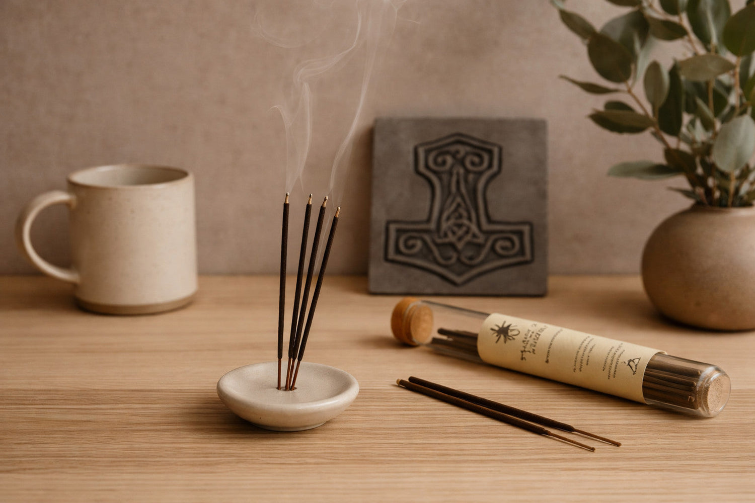 Minimalistische Räucherstäbchen im Zen-Stil auf Holzoberfläche mit sanft aufsteigendem Rauch – ruhige Atmosphäre für Rituale und Achtsamkeit