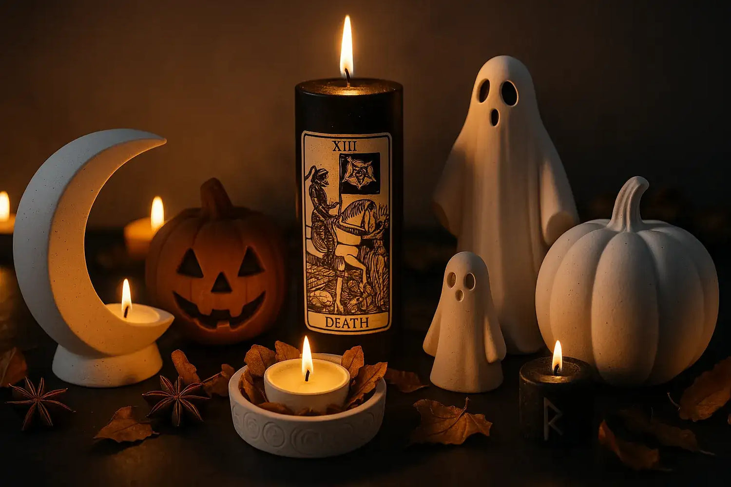 Stilvolle Halloween-Deko mit Kürbisfiguren, schwarzen Kerzen und mystischen Figuren von SteinKunstWerk