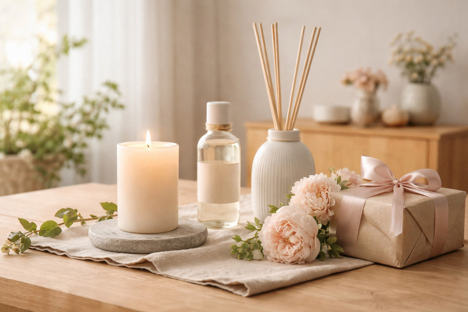 Stilvolle Muttertagsgeschenke mit Kerze, Raumduft und Blumen in ruhiger, minimalistischer Wohnatmosphäre