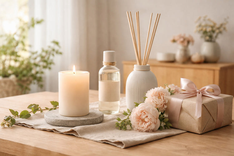Stilvolle Muttertagsgeschenke mit Kerze, Raumduft und Blumen in ruhiger, minimalistischer Wohnatmosphäre