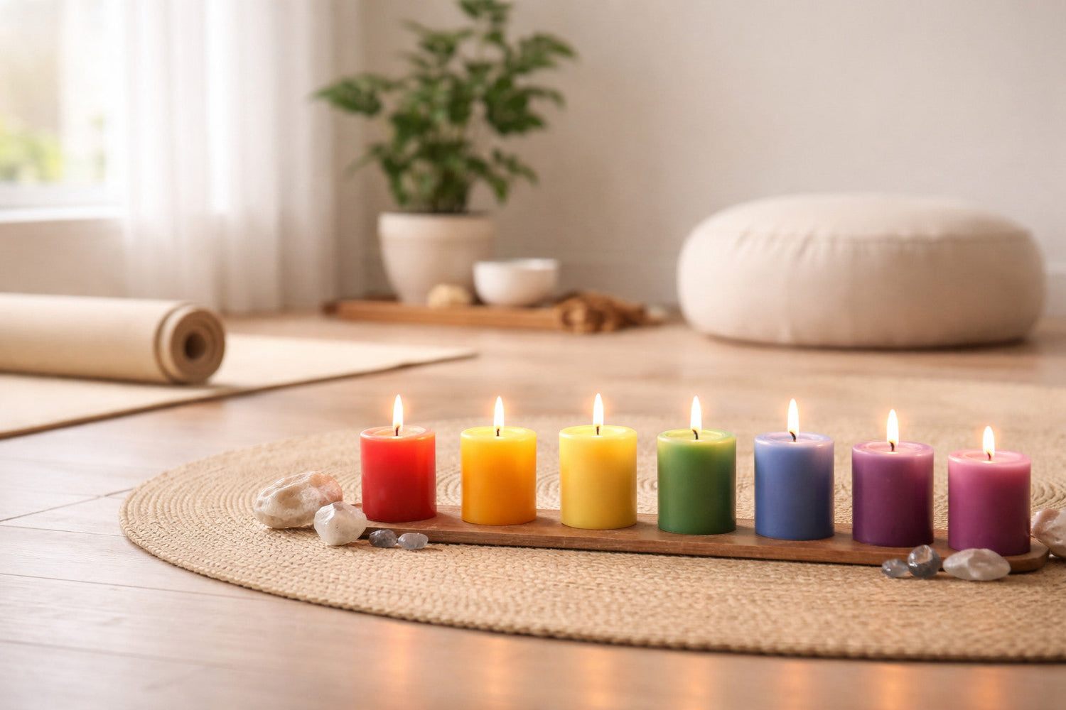 Chakra Kerzen für Yoga, Meditation und achtsame Rituale in ruhiger Wohnatmosphäre