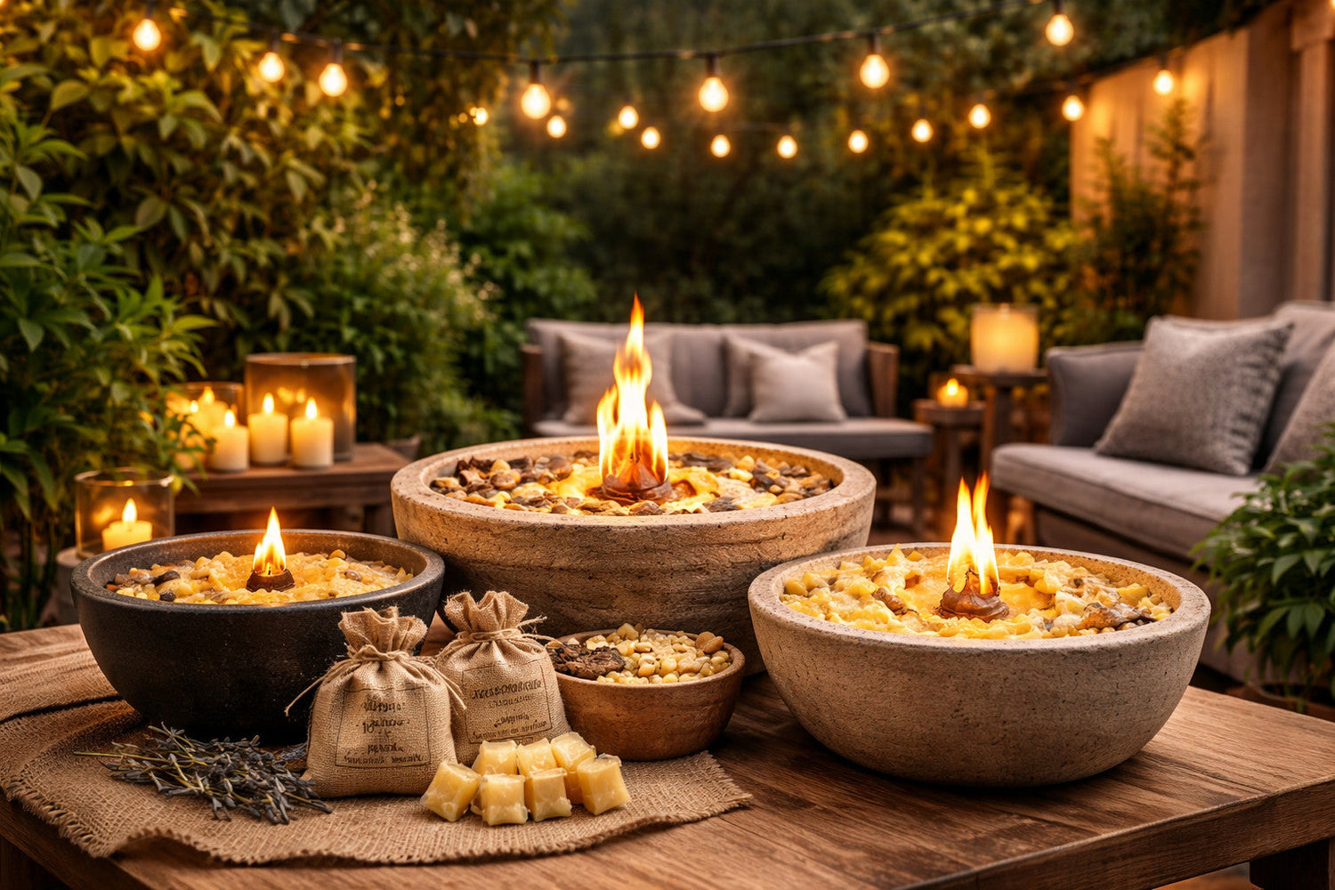 Outdoor Citronella Duftkerzen im Betongefäß auf Terrasse bei Sonnenuntergang mit warmem Kerzenlicht und sommerlicher Gartenatmosphäre