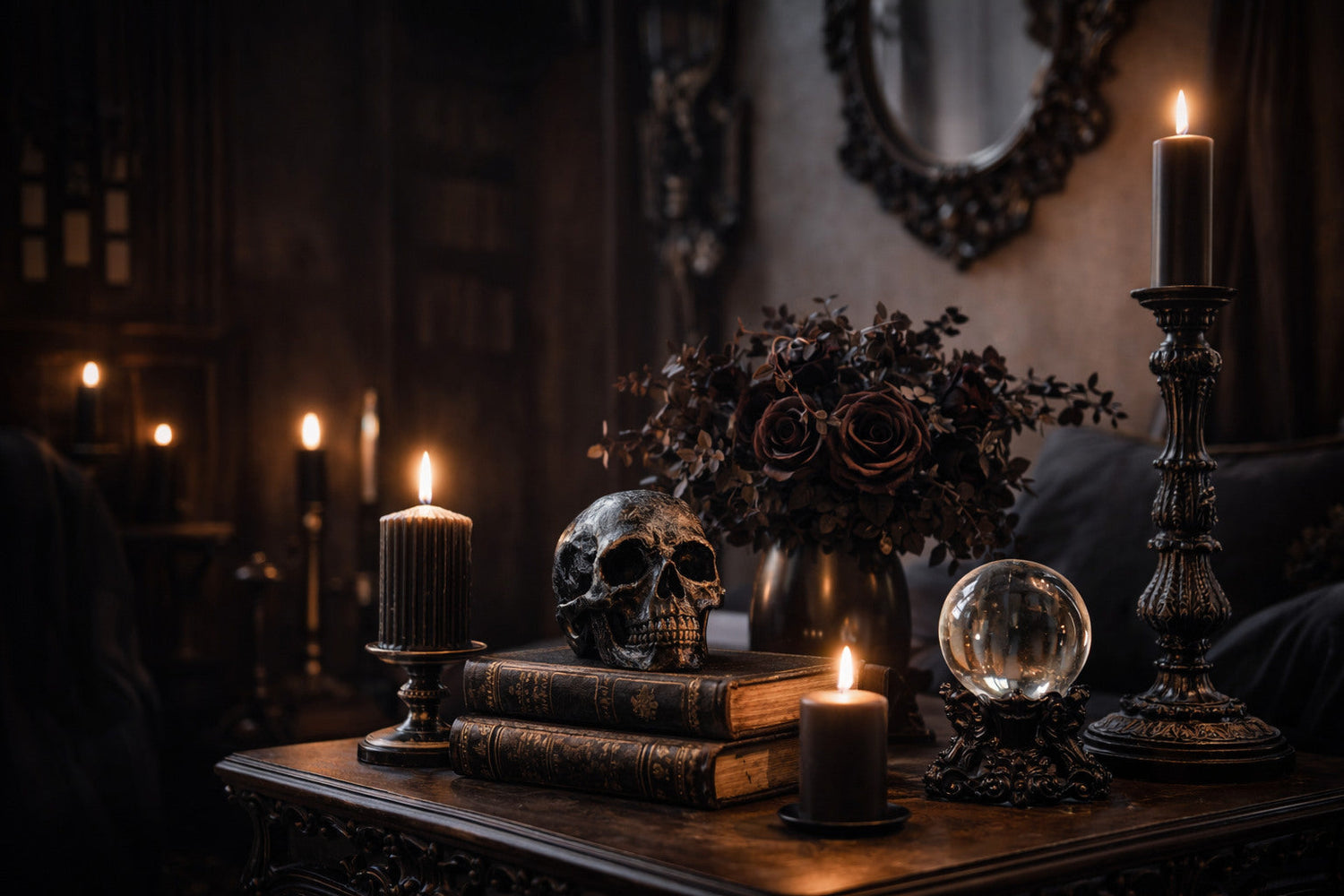 Gothic Deko mit Kerzen, Schädel und dunklen Wohnaccessoires auf Tisch – atmosphärische Einrichtung im Gothic Stil