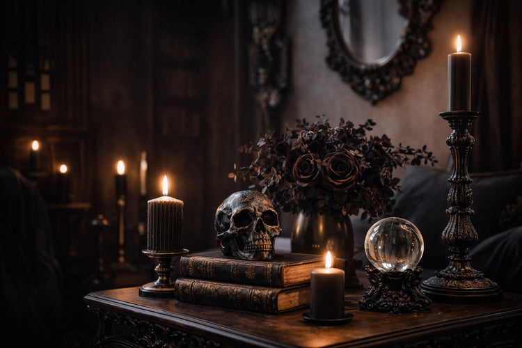 Gothic Deko mit Kerzen, Schädel und dunklen Wohnaccessoires auf Tisch – atmosphärische Einrichtung im Gothic Stil