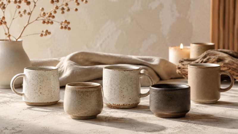 Handgefertigte Keramikbecher für Tee, Kaffee und Cappuccino in minimalistischer Japandi-Atmosphäre