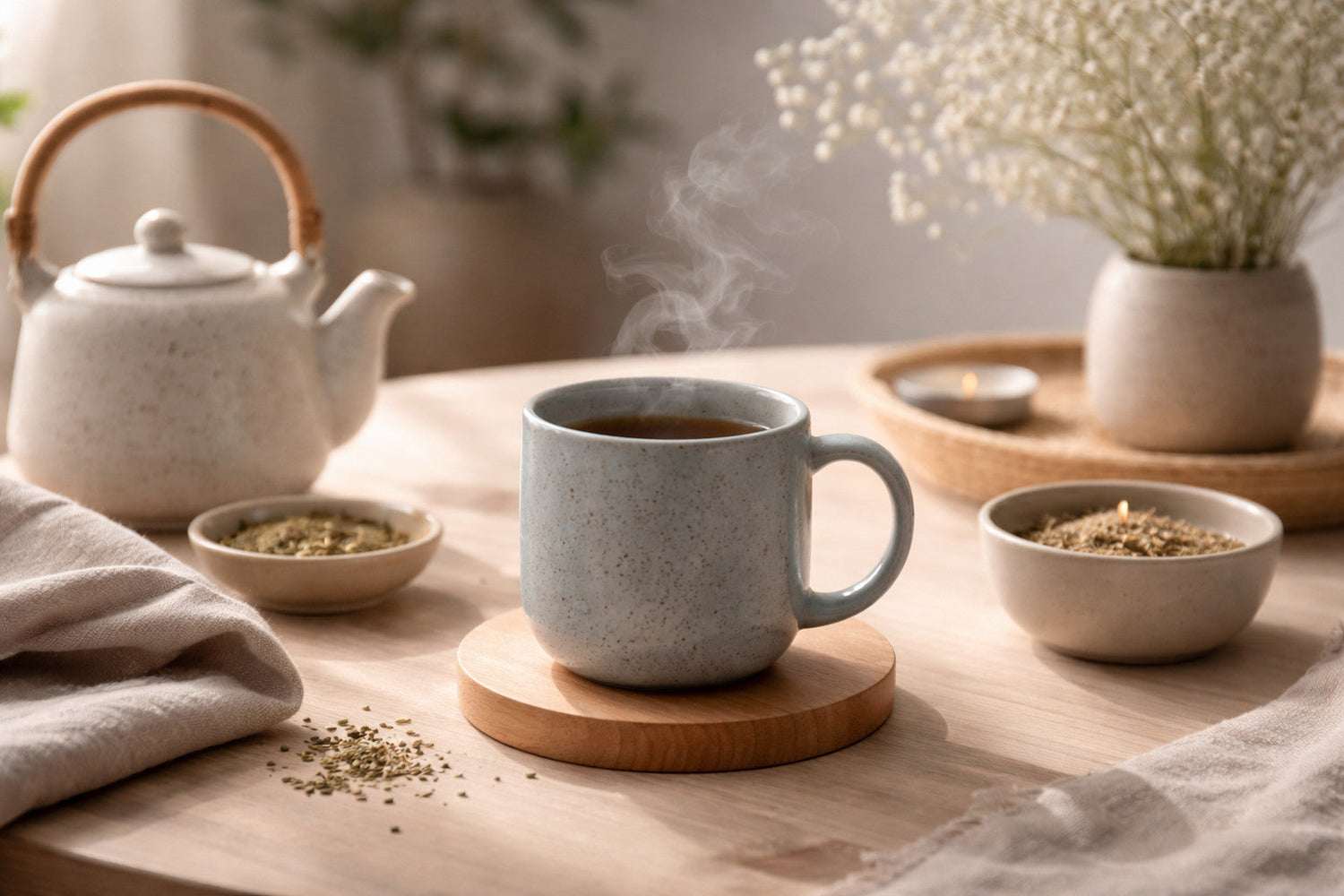 Teebecher mit dampfendem Tee auf Holztisch mit Teekanne und Zubehör – ruhiges Teeritual Zuhause