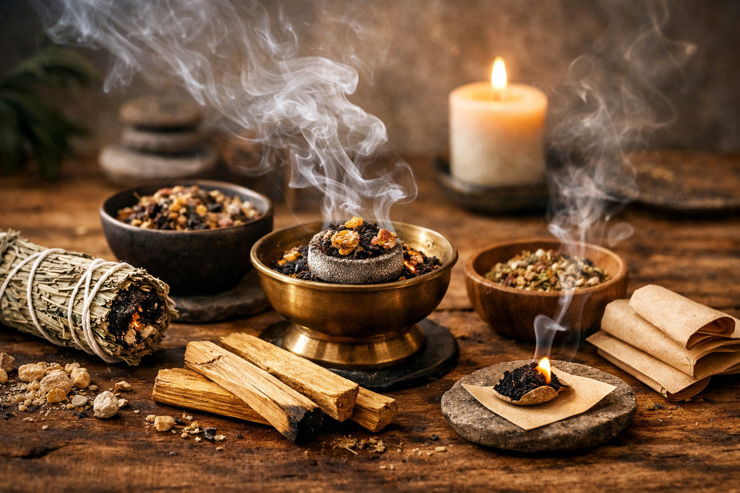 Räucherware mit Smudge Bündel, Räuchermischung, Räucherholz und Räucherpapier – leicht rauchend in ruhigem, warmem Ambiente für Rituale und Raumklärung