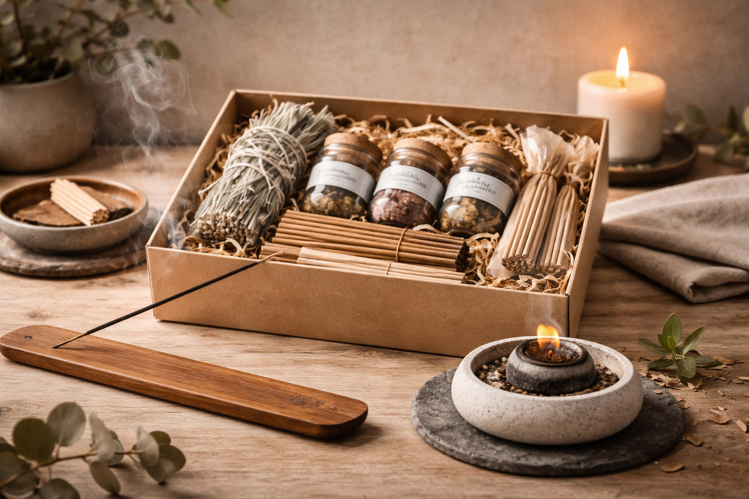Räucherwerk Set mit Räucherware, Räucherstäbchen und Halter in ruhigem Ambiente – ideal als Starterset oder Geschenkset für Rituale