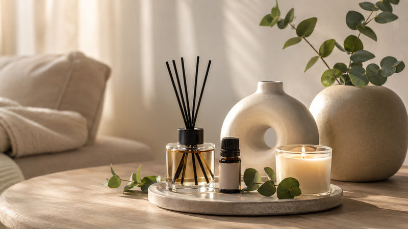 Minimalistische Raumdüfte und Diffusoren mit Duftöl und Kerze in warmer Wohnatmosphäre
