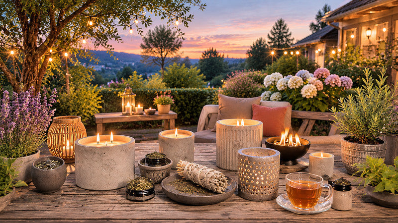 Warmer Sommerabend im Garten mit Citronella-Kerzen, Grill, Wein und stimmungsvoller Outdoor-Dekoration von SteinKunstWerk