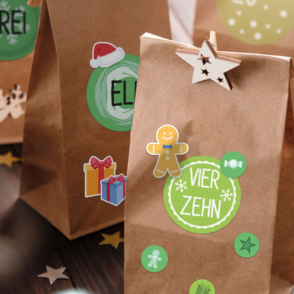 DIY-adventskalender met 25 kraftpapieren zakjes – 110 stickers
