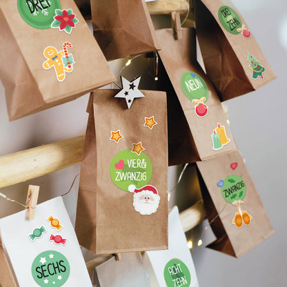 DIY-adventskalender met 25 kraftpapieren zakjes – 110 stickers