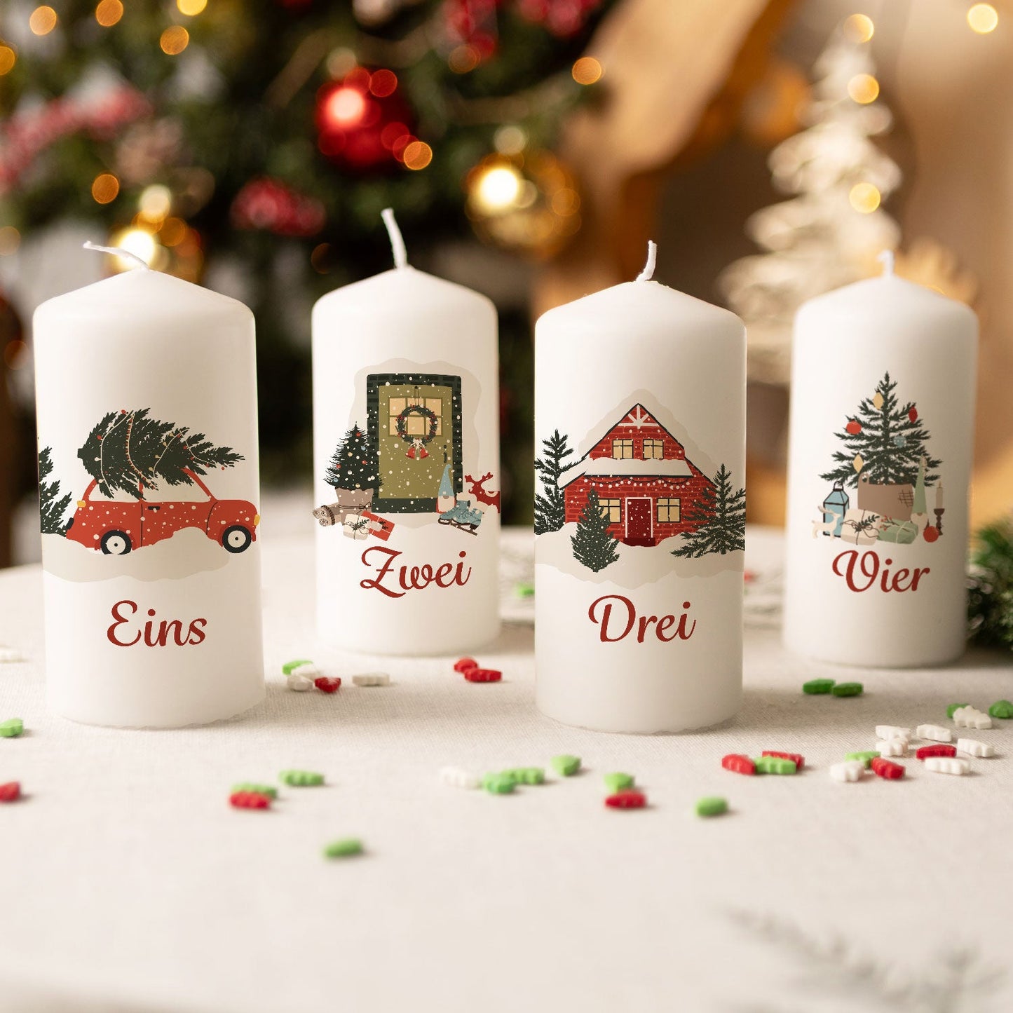 Adventskaarsen ‘Kerstmotieven’ – set van 4