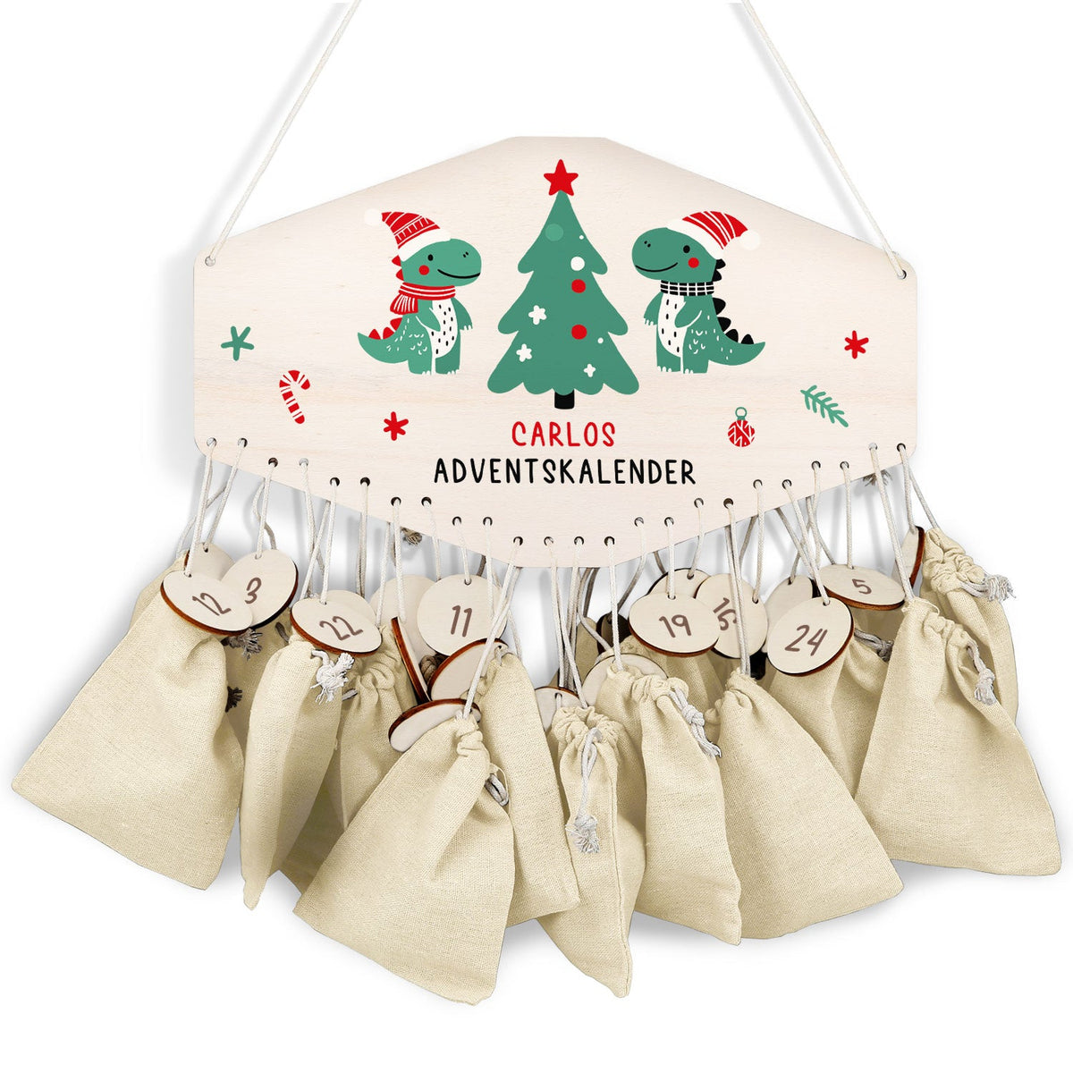 Gepersonaliseerde houten adventskalender „Dino’s“ – met naam