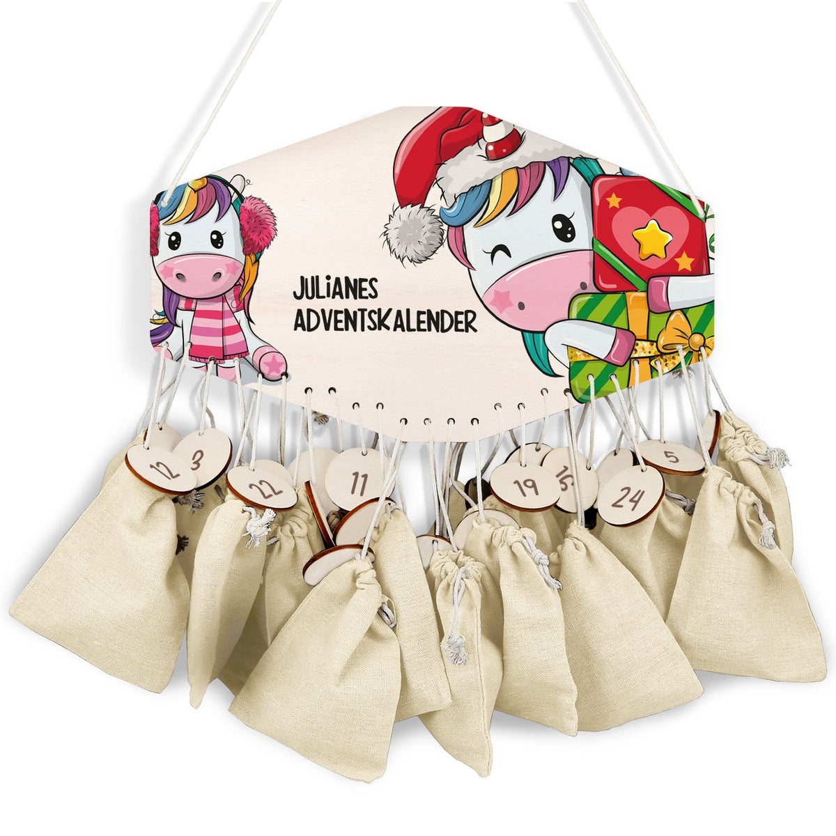 Gepersonaliseerde houten adventskalender „Eenhoorn“ – met naam
