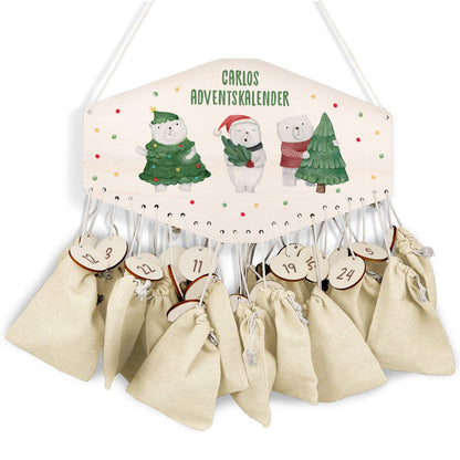 Gepersonaliseerde houten adventskalender „IJsberen“ – met naam