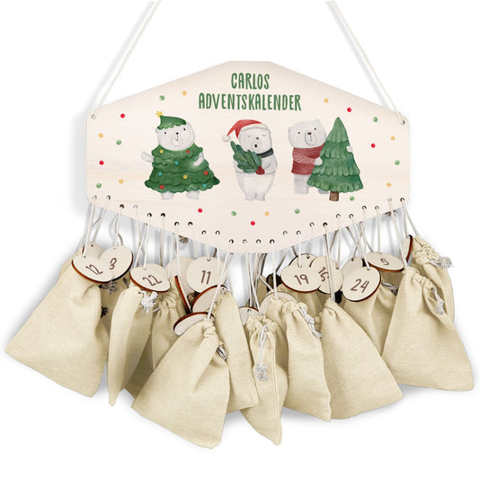 Gepersonaliseerde houten adventskalender „IJsberen“ – met naam