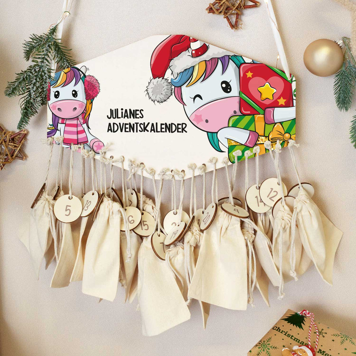 Personalisierter Holz-Adventskalender Einhorn mit Name