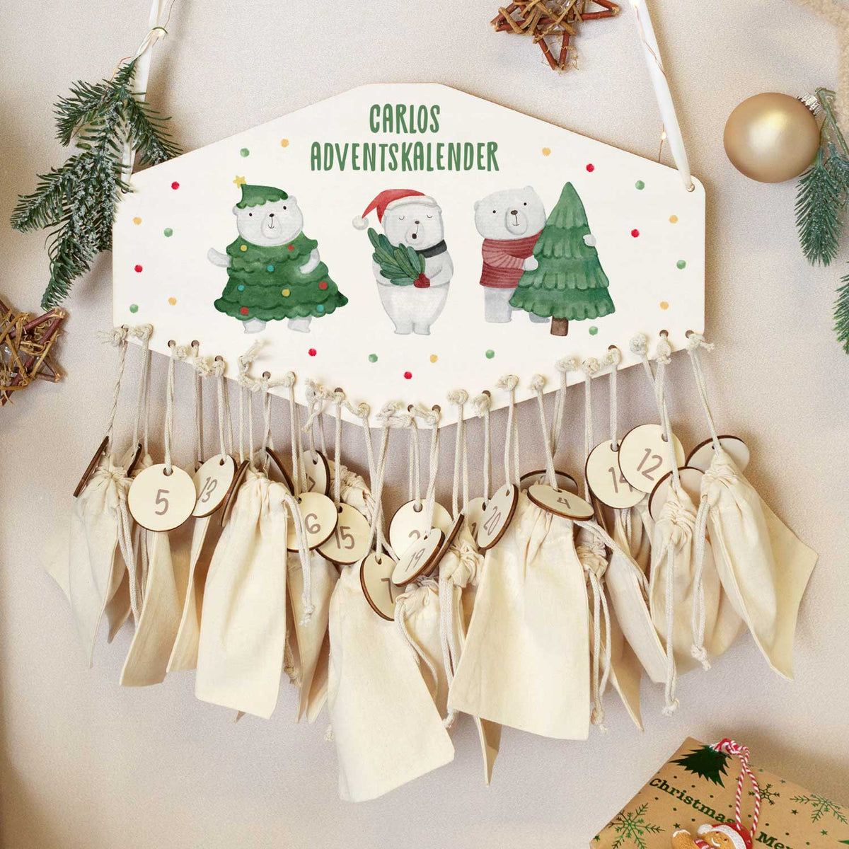 Personalisierter Holz-Adventskalender Eisbären mit Name