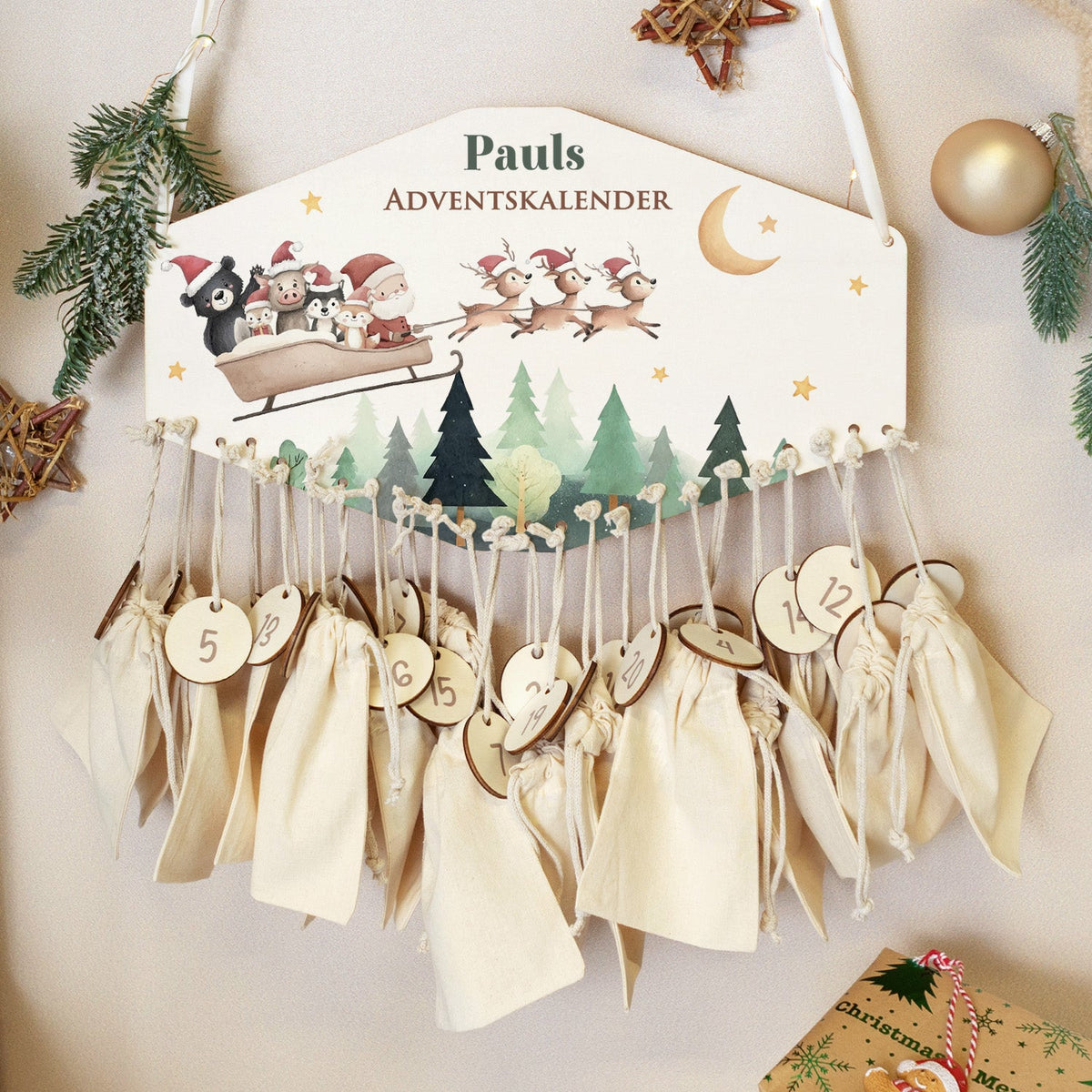 Personalisierter Holz-Adventskalender Schlitten mit Name