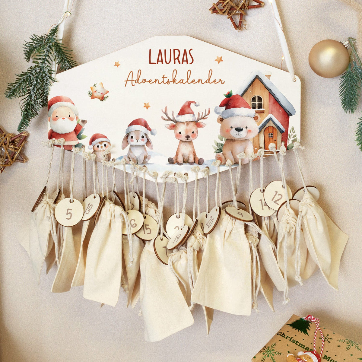 Personalisierter Holz-Adventskalender Schneetiere mit Name