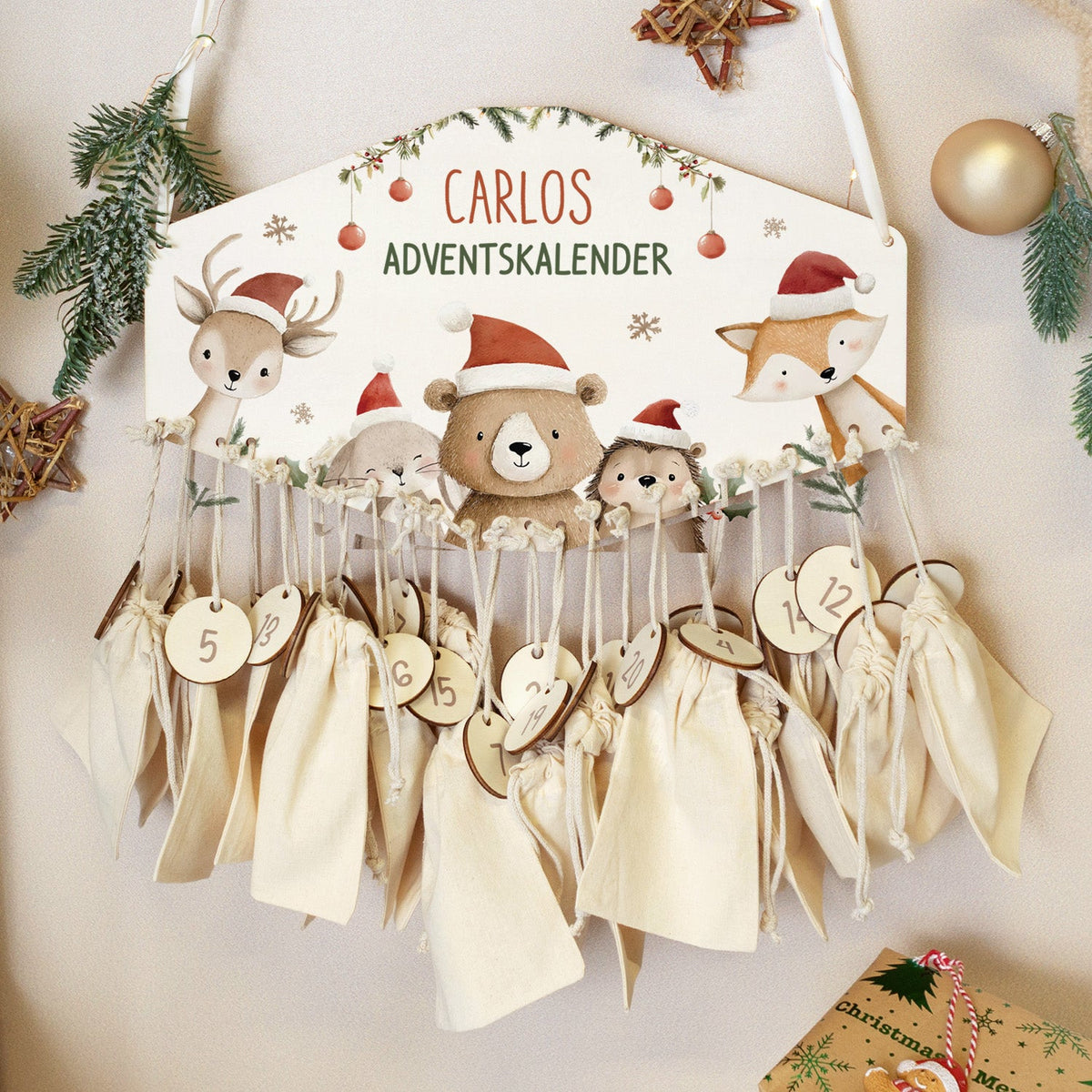 Personalisierter Holz-Adventskalender Weihnachtsgruppe mit Name