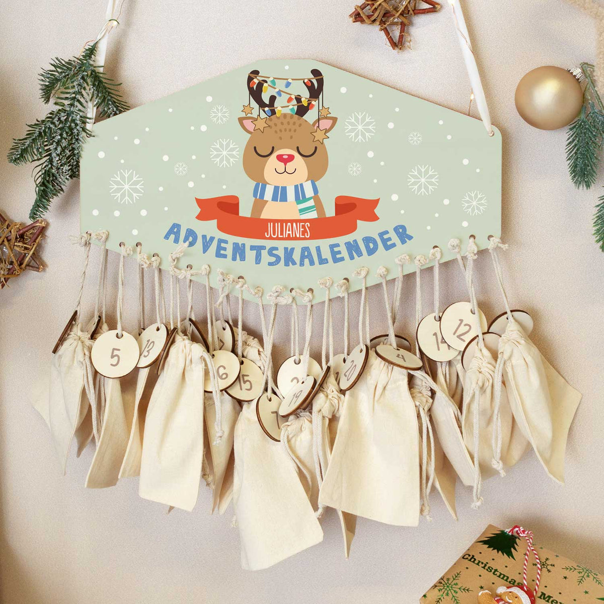 Gepersonaliseerde houten adventskalender „Winterdieren“ – met naam
