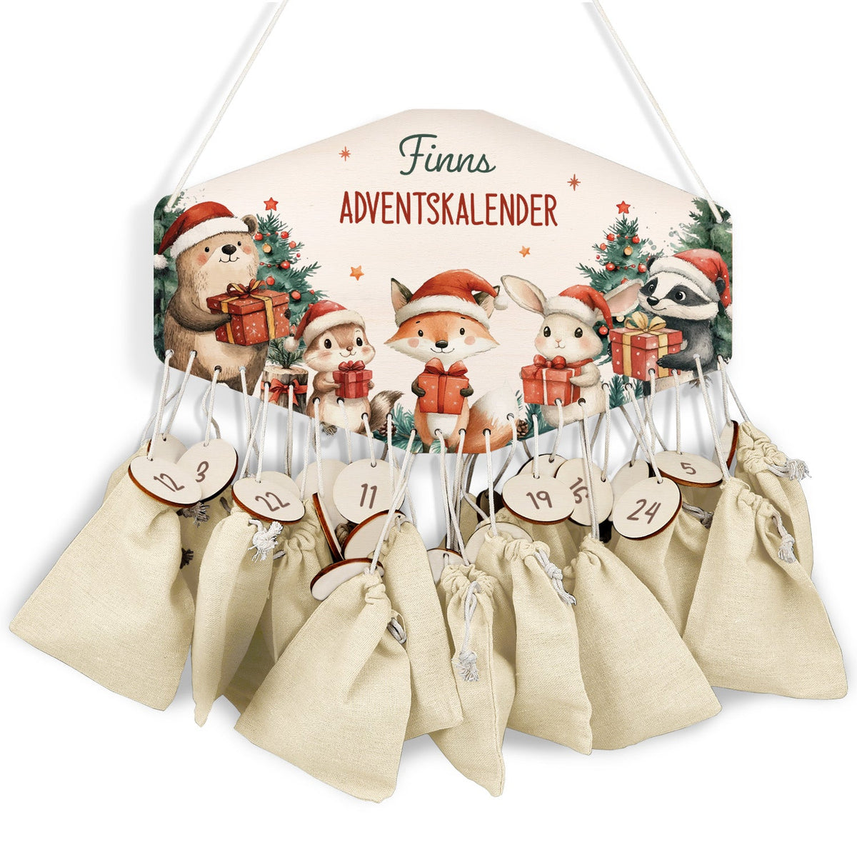 Gepersonaliseerde houten adventskalender „Dieren met cadeaus“ – met naam