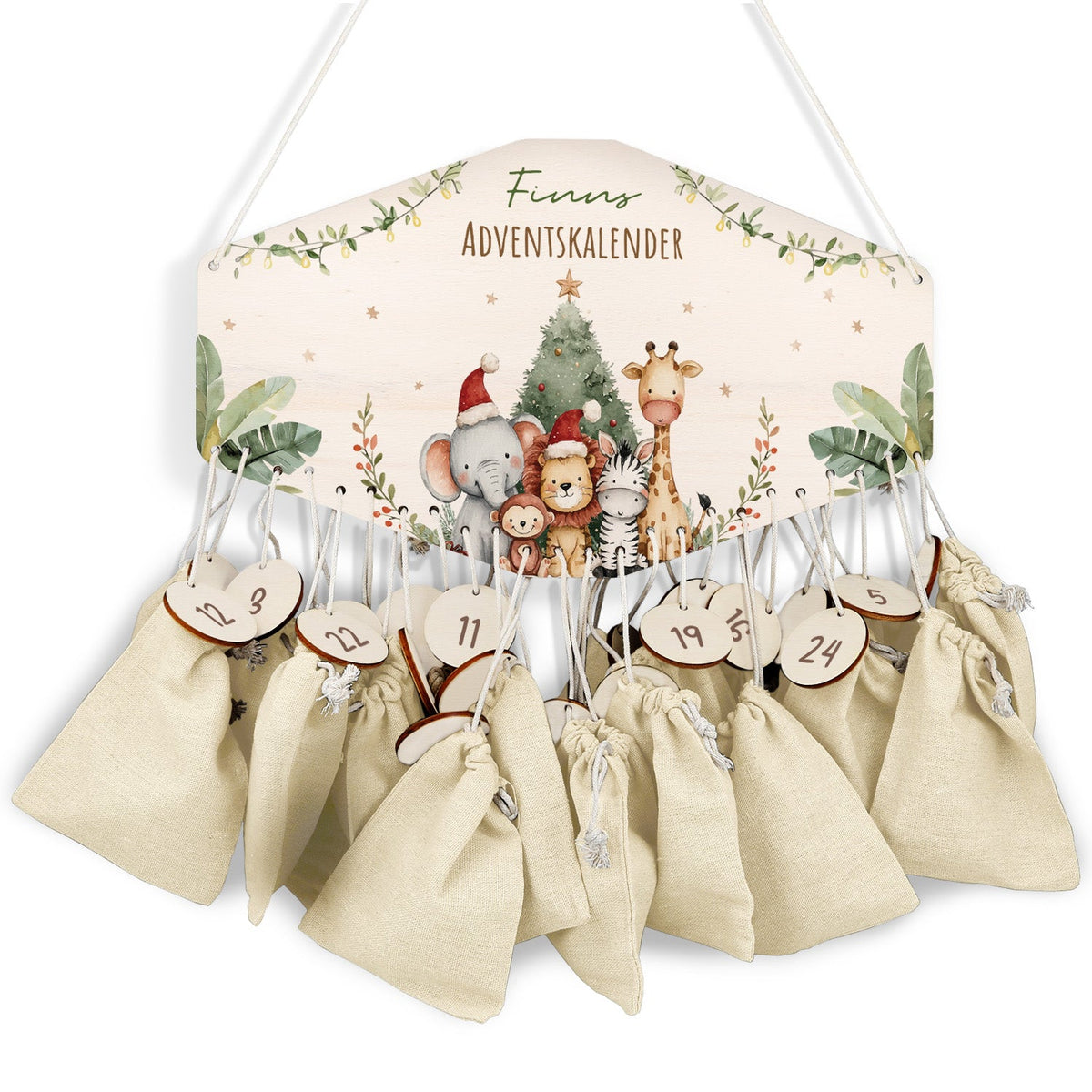 Gepersonaliseerde houten adventskalender „Kerstsafari“ – met naam