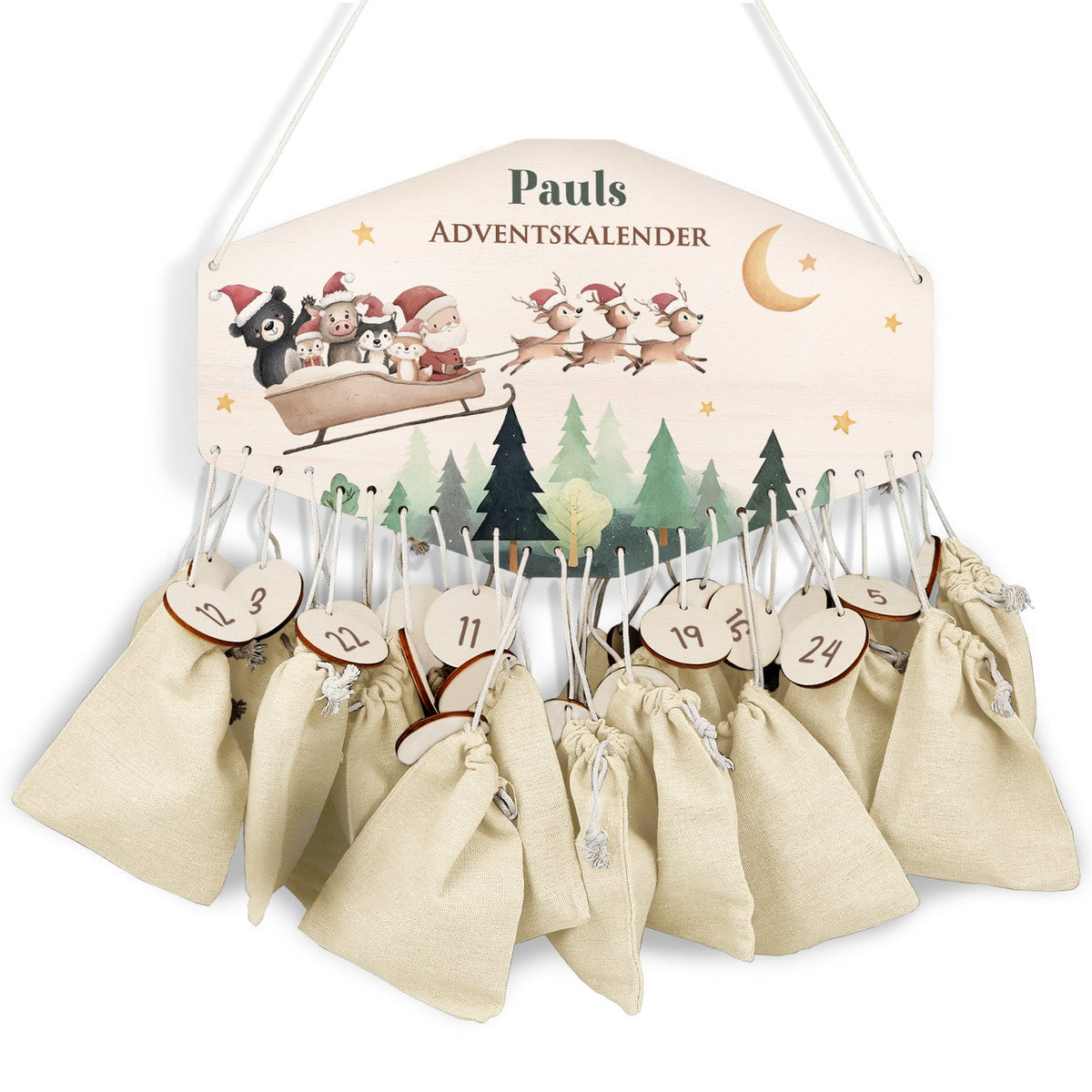 Gepersonaliseerde houten adventskalender „Slee“ – met naam