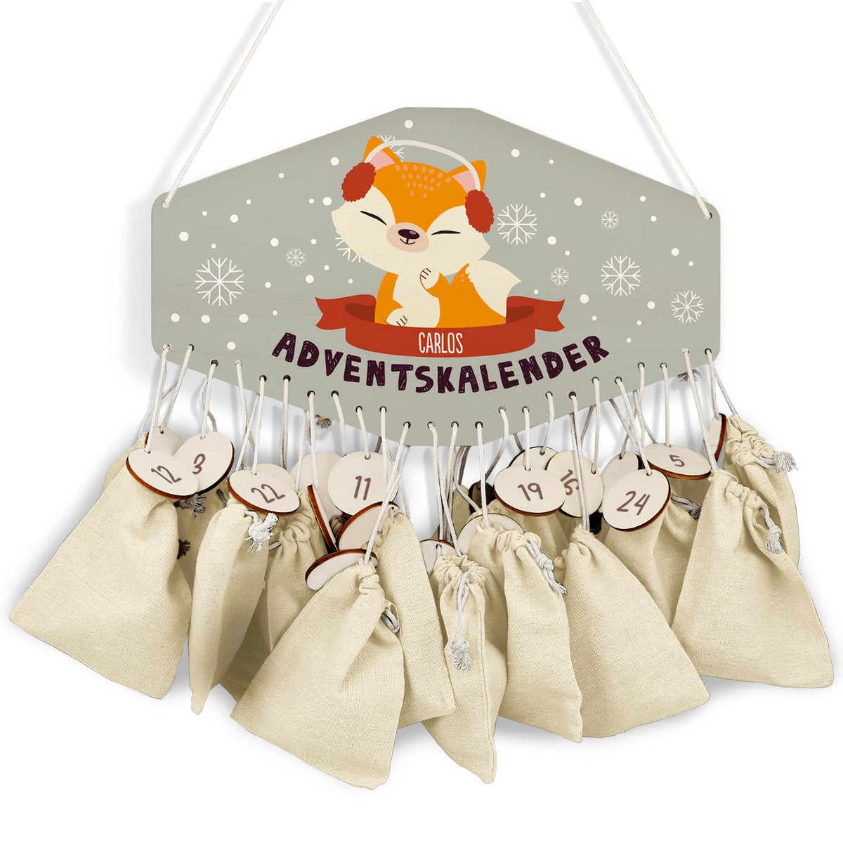 Gepersonaliseerde houten adventskalender „Winterdieren“ – met naam