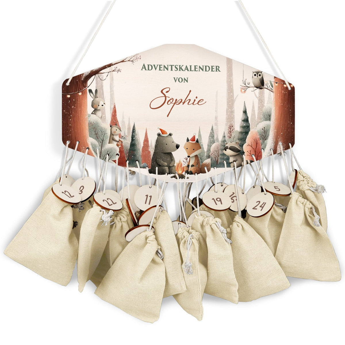 Gepersonaliseerde houten adventskalender „Winterbos“ – met naam