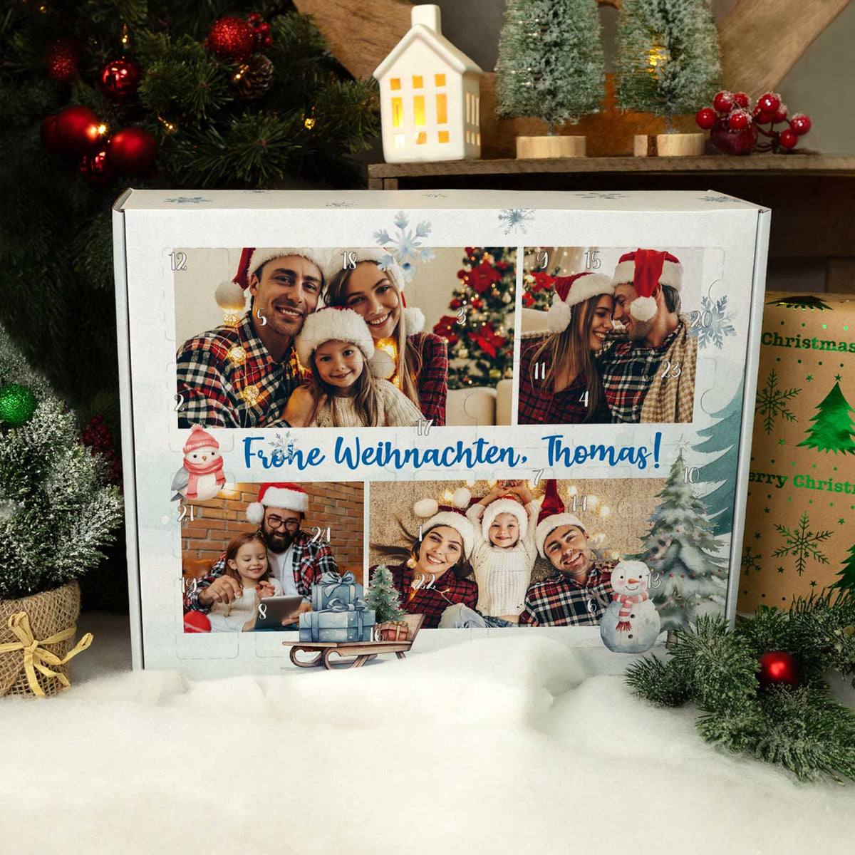 Foto-Adventskalender mit vier Fotos und Wunschtext zum Befüllen