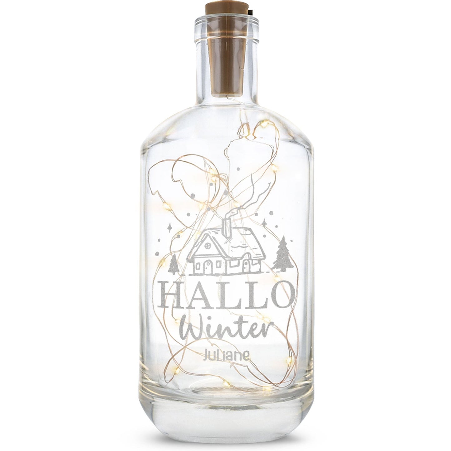 LED-Flaschenlicht „Hallo Winter“ mit Name – Produktansicht der Glasflasche