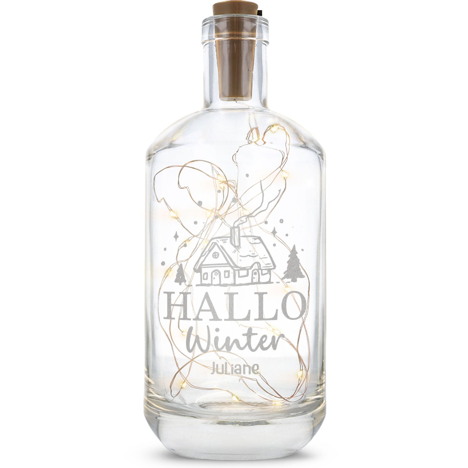 LED-Flaschenlicht „Hallo Winter“ mit Name – Produktansicht der Glasflasche