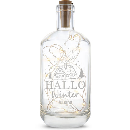 LED-Flaschenlicht „Hallo Winter“ mit Name – Produktansicht der Glasflasche